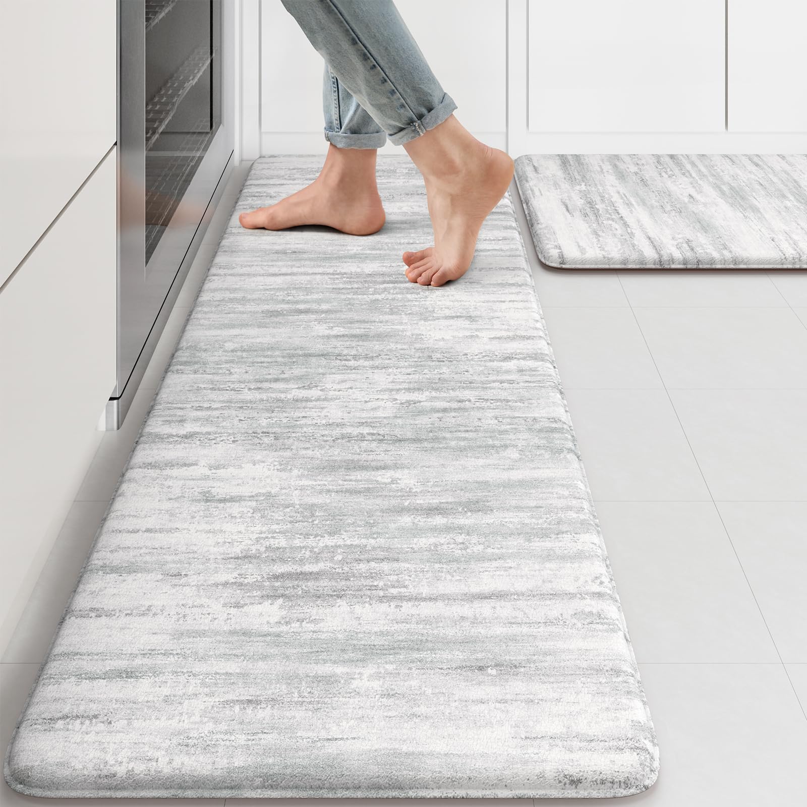 Photo 1 of KIMODE Anti Fatigue Kitchen Mats for Floor, Abstract Farmhouse Kitchen Rugs, Cushioned Kitchen Floor Mats, Comfort Standing Mat for Sink, Laundry, Office, Desk Multi-Grey 17"x47"+17"x29"