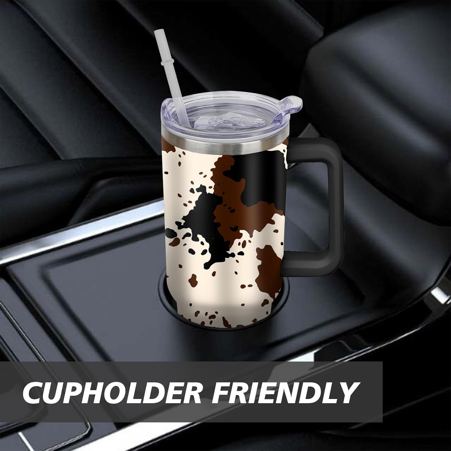 Cow Print Tumbler with Lid and Straw, Stainless Steel 30oz Tumbler with Handle, Brown Cow Print Travel Coffee Mug Water Bottle, Cow Gift Cups for Women and Girls - Image 5