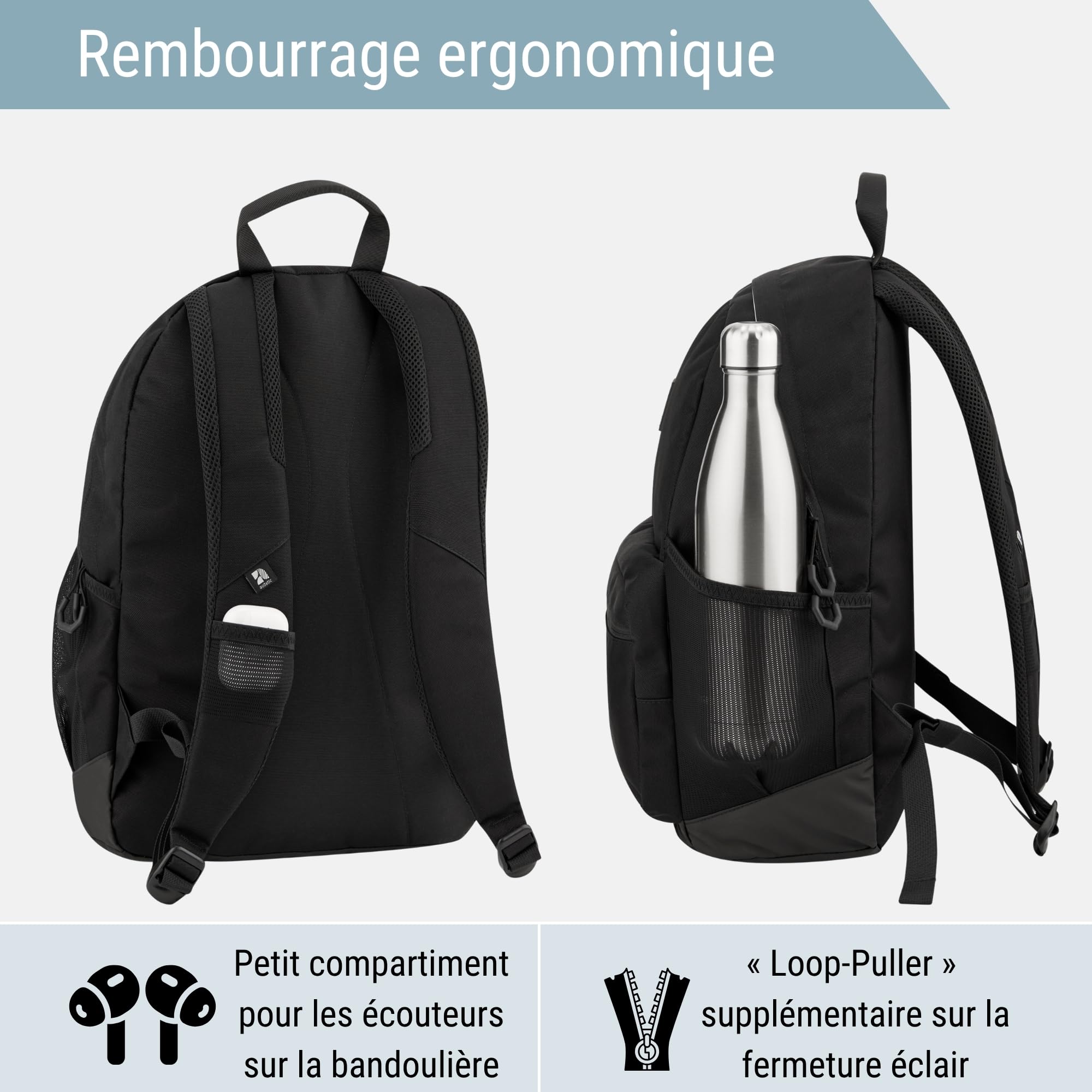 AUDETIC Sac à dos Femme & Homme Noir - Flex - Cartable Fille, Garcon, Ados pour College, Lycee et l'Ecole - Compartiment Ordinateuer Portable - Imperméable