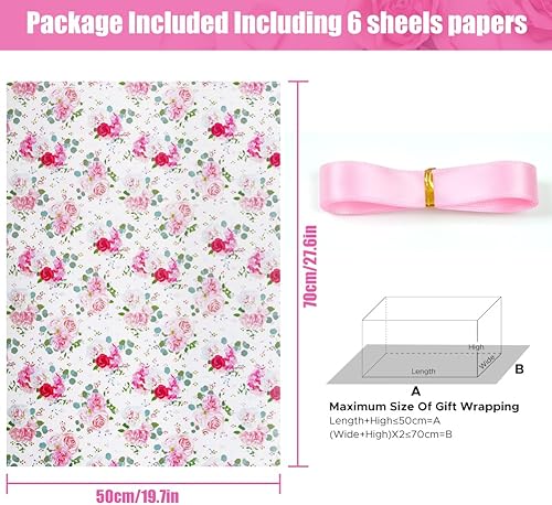 Miniatura 2 de Juego de papel de regalo de boda y cinta para niñas y mujeres, 6 hojas plegadas, diseño de rosa roja y rosa, 20 x 28 pulgadas, papel de regalo para