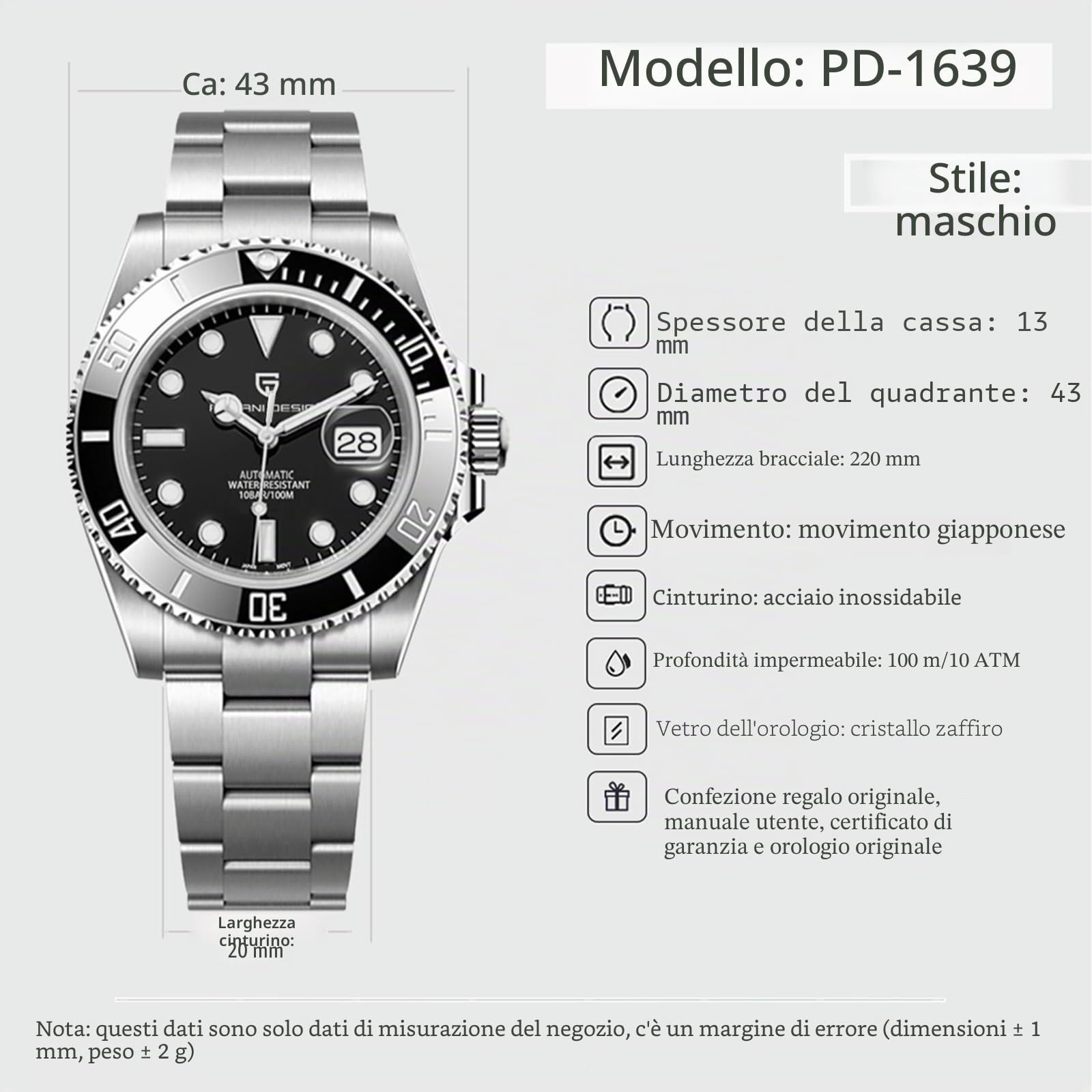 Pagani Design Orologio da uomo Orologio automatico Lunetta in ceramica Vetro zaffiro Analogico 100M Orologio da uomo impermeabile Calendario Orologio subacqueo