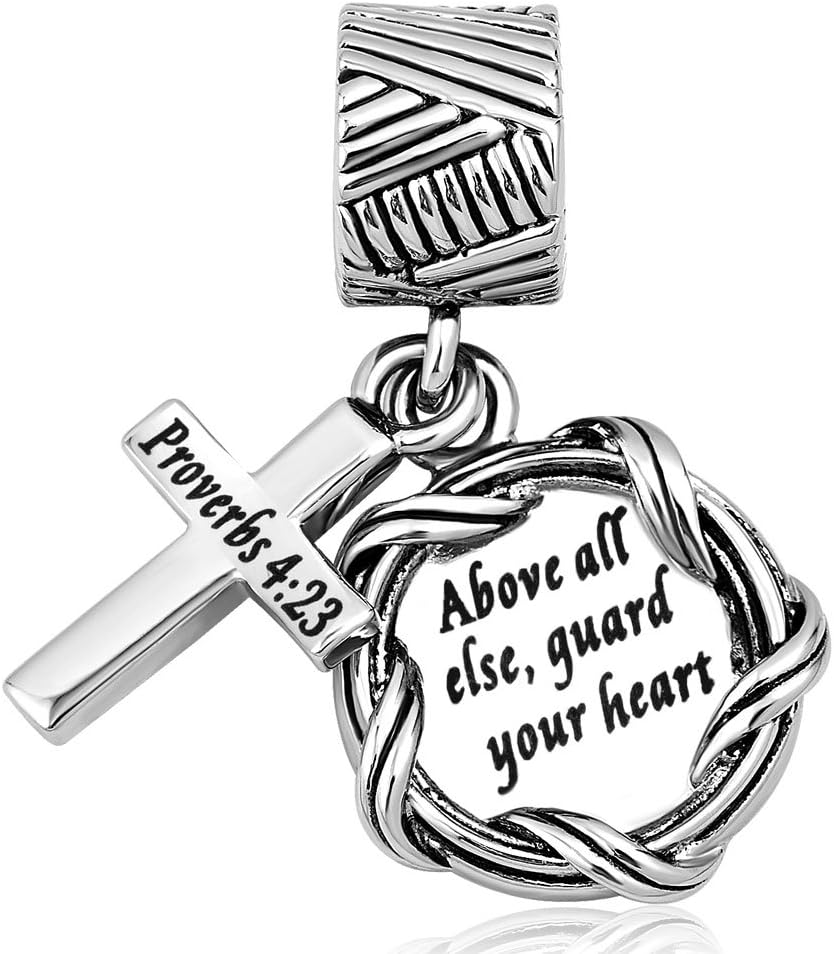 LilyJewelry Christian Bible Cross Charm Above all else guard your heart Keep Faith Dangle Beads Compatible with Pandora Charms Bracelet