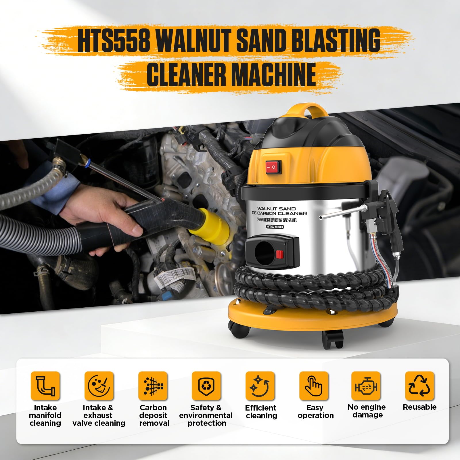 Máquina de Chorro de Arena de Nuez 220V, Limpiador Profesional de Válvulas de Admisión y Depósitos Carbonosos del Motor, con 2kg Abrasivo Incluido,23PCS Adaptadores de modelo,HTS558 Walnut Blaster