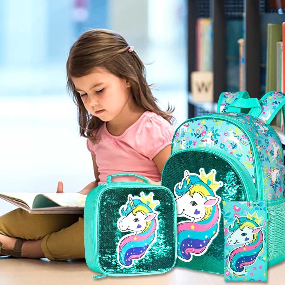 3PCS Girls Backpack, 16" Sequin Prechool Elementary Bookbag and Lunch Box