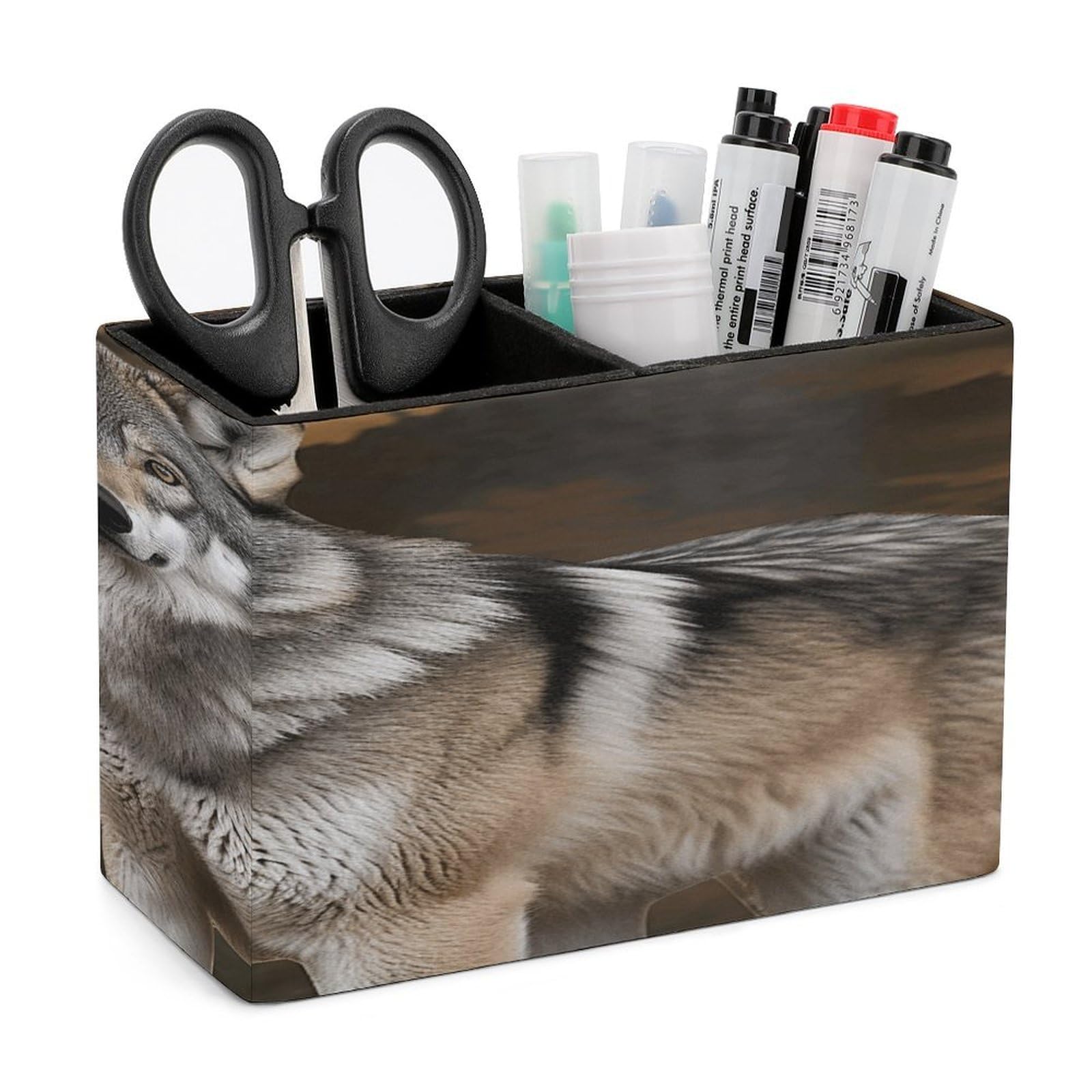 VstaDank Wild Wild Gray Wolf Pencil Holder for Desk Organizer 2 Compartments Pen Cup Leather Square Pen Holder Pencil Cup Stand Makeup Brush Holders for Desktop Organizer Storage Case