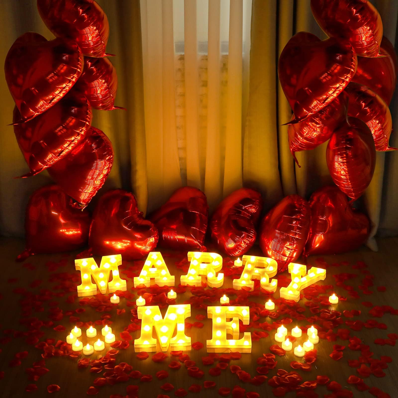 Marry Me Proposal Decorations LED Marry Me Sign Light up Letters 1000 Red Rose Petals 24 Fake Tea Lights Candle 12 Heart Shape Balloons for Outdoor Indoor Romantic Night Party Proposal Engagement