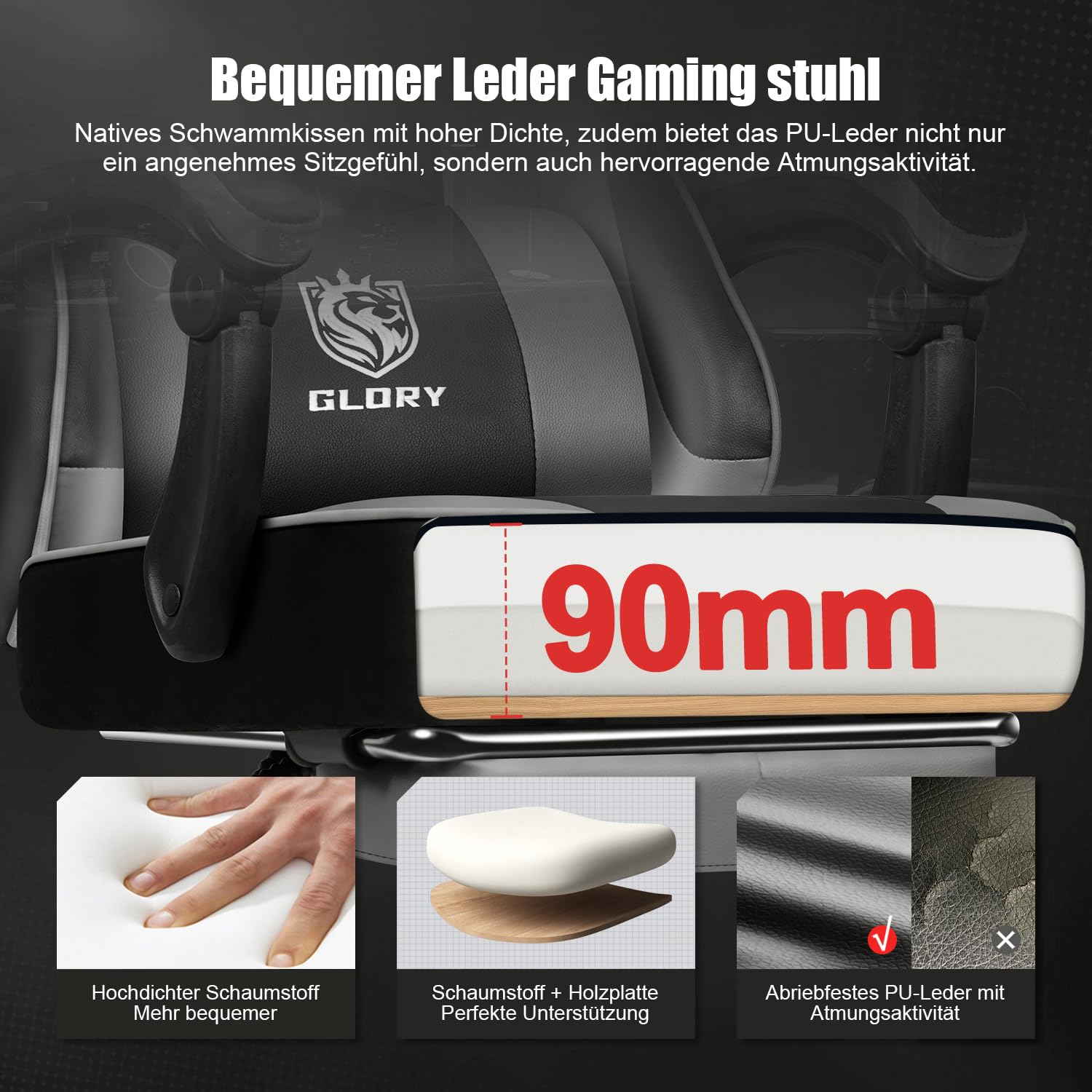 Gaming Stuhl Ergonomischer mit Fußstütze, Gaming Chair 150 kg Belastbarkeit, Gamer Stuhl aus Kunstleder, Höhenverstellbarer PC Zockerstuhl Bürostuhl für Jugendliche Erwachsene, Grau