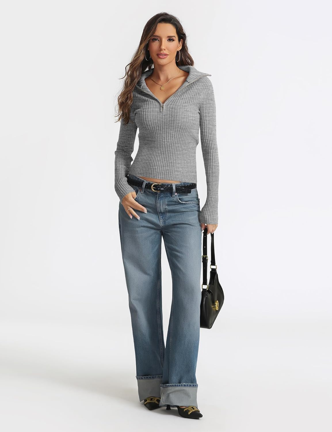 Prettywear 2025 Women's Half Zip Pullover Sweaters V Neck Collared Long Sleeve Ribbed Knit Fall Tops Dressy Casual - Image 5