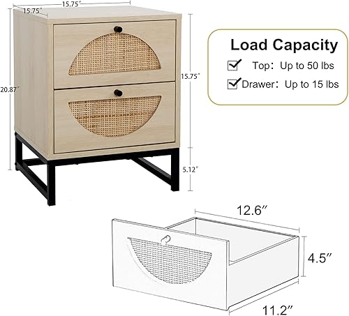 Miniatura 2 de Pvillez Moderna mesita de noche, mesa auxiliar, mesita de noche con 2 cajones decorativos de ratán natural hechos a mano, mesa decorativa de madera