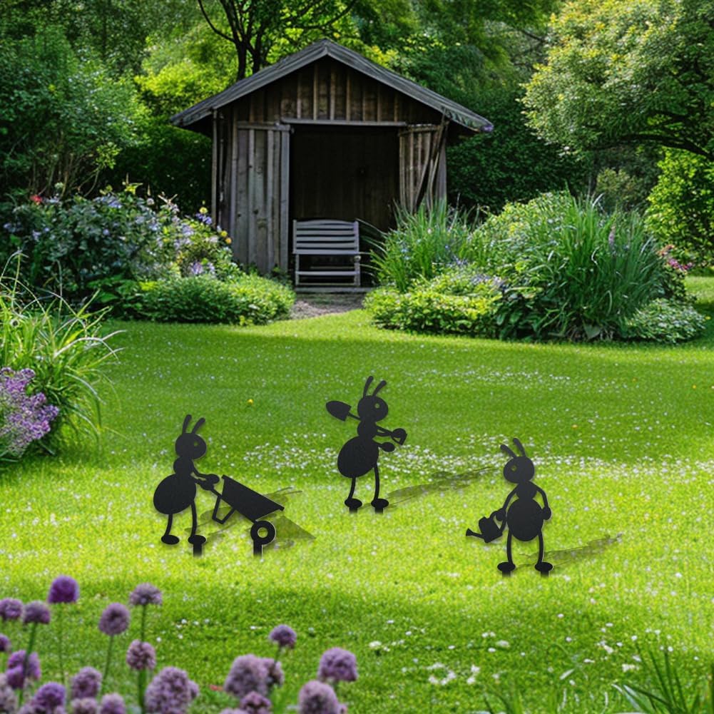 WADORN 3Pcs Ant Metal Decorative Garden Stakes, Working Farm Ant Silhouette Metal Outdoor Statues Animals Garden Ornament Gifts Black Yard Art Decoration for Outdoor Backyard Patio Lawn Walkways