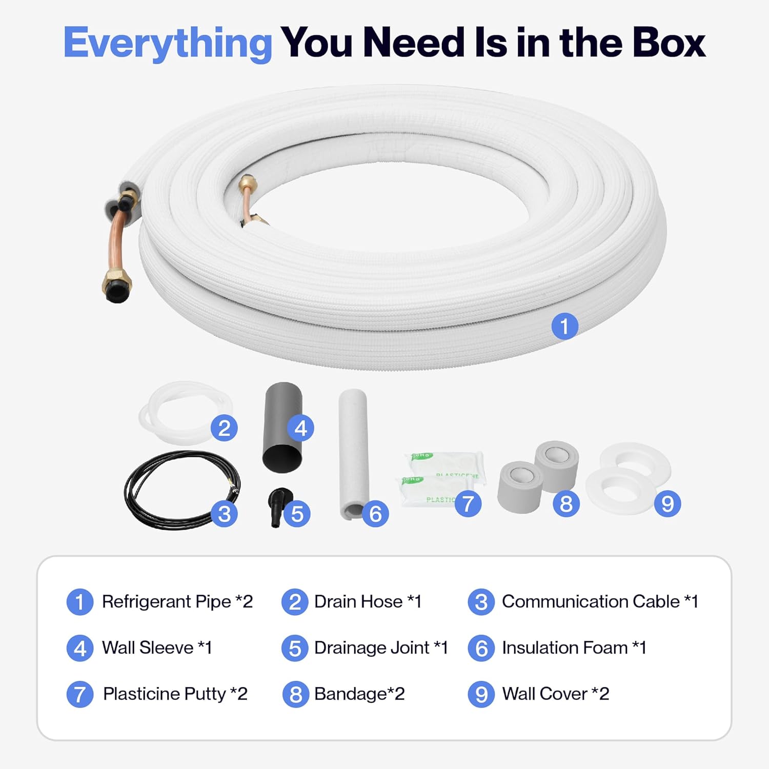 Della 16 Ft Mini Split Line Set, Includes 3/8" & 1/4" O.D. Copper Pipes with Flared Nuts and a 3/8" Thick White PE Insulated Coil, Perfect for Mini Split AC and Other HVAC Systems