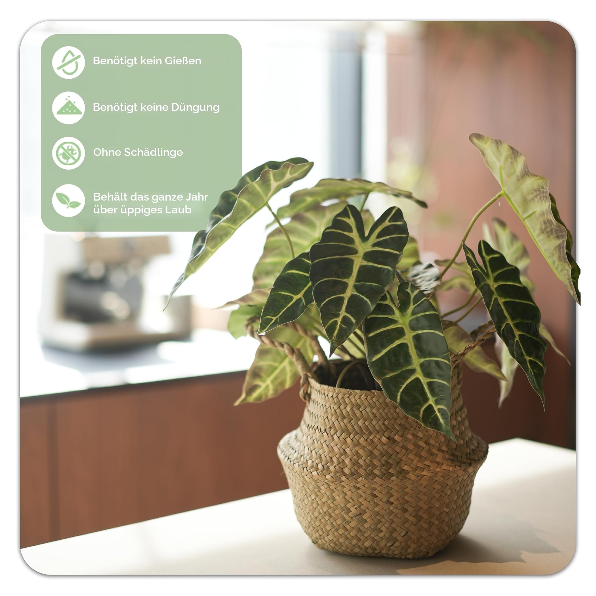Kunstpflanze Alocasia 46cm – 20 Blätter mit weißen Adern wie echt | Künstliche Pflanzen groß für Wohnzimmer, Schlafzimmer, Büro & Balkon | Fake Plant Zimmerpflanzen Deko