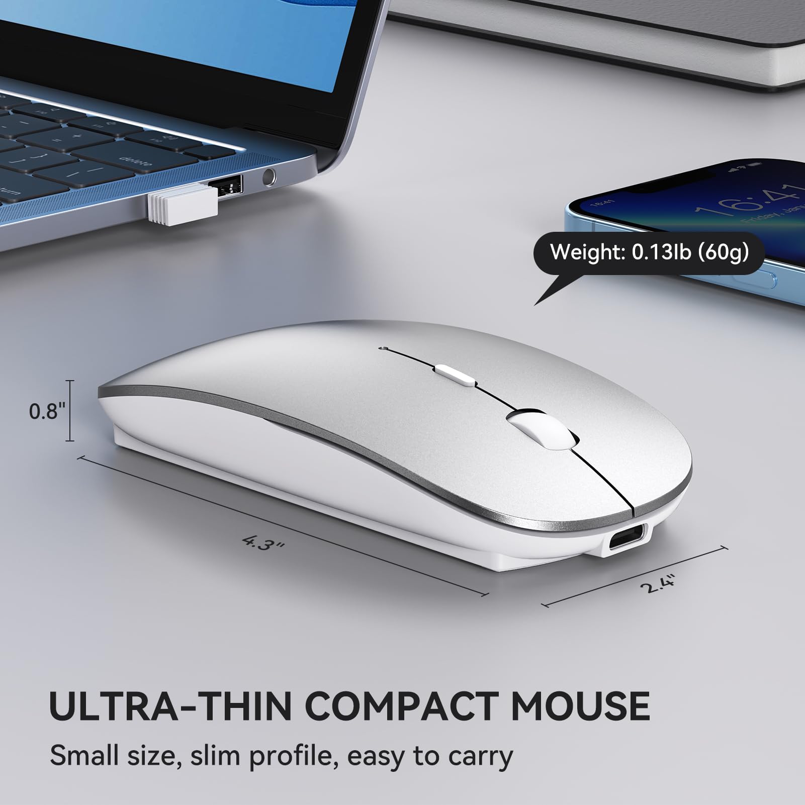 RaceGT Mouse Wireless USB C+USB A, Ricaricabile Mouse senza fili Silenzioso 2.4G ultra sottile con 2 ricevitori per PC, Laptop,IPAD, MacBook Air/Pro