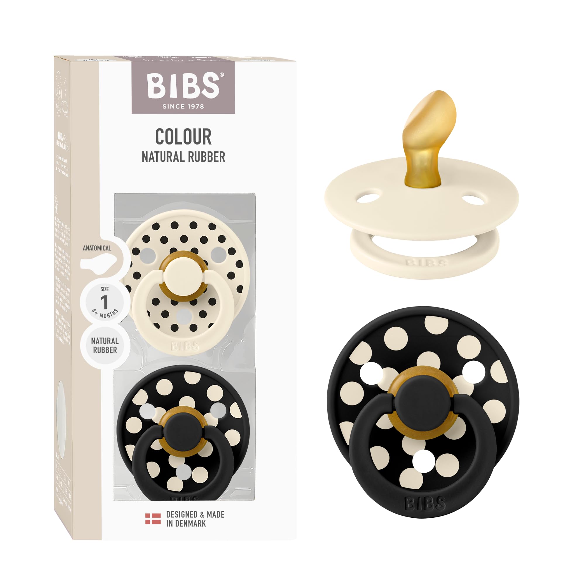 BIBS Polka Dots Soother 2-Pack, BPA Free Dummy Pacifier, Anatomical Nipple. Natural Rubber Latex, Made in Denmark, Size 1 (0-6 Months), Ivory/Black