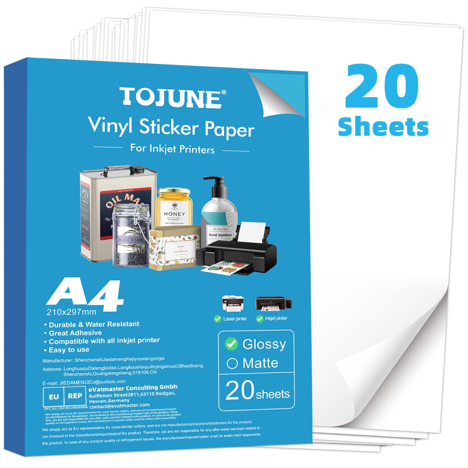 Papier Autocollant Vinyle Imprimable A4 (Blanc Lisse) | pour Imprimante À Jet D'encre et Laser, 21x29.7 cm, Imperméable, Découpe Arbitraire, Support Adhésif (20 Feuilles)