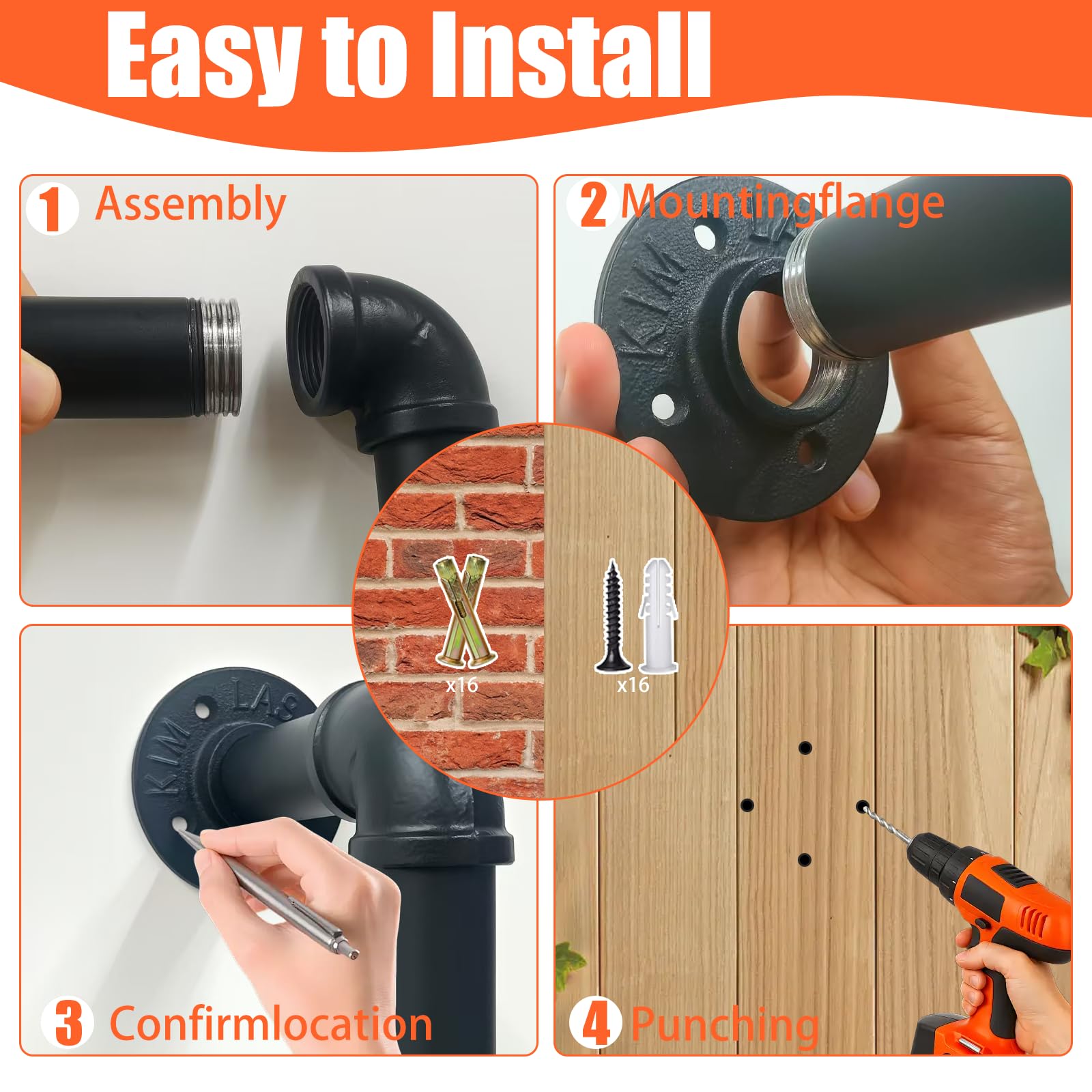 Escalera montada en la pared, 1 peldaño de acero, paquete de 6 para escape de emergencia y acceso a buhardilla, capacidad de 318 kg, acabado negro para todo tipo de clima, con pernos de expansión para