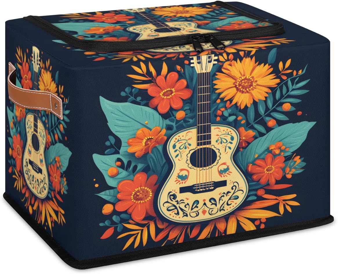 Guitar Music Storage Bins with Zipper Lid, Spring Flower Fabric Lidded Storage Baskets Cubes with Handles Decorative Foldable Shelf Closet Organizer Container