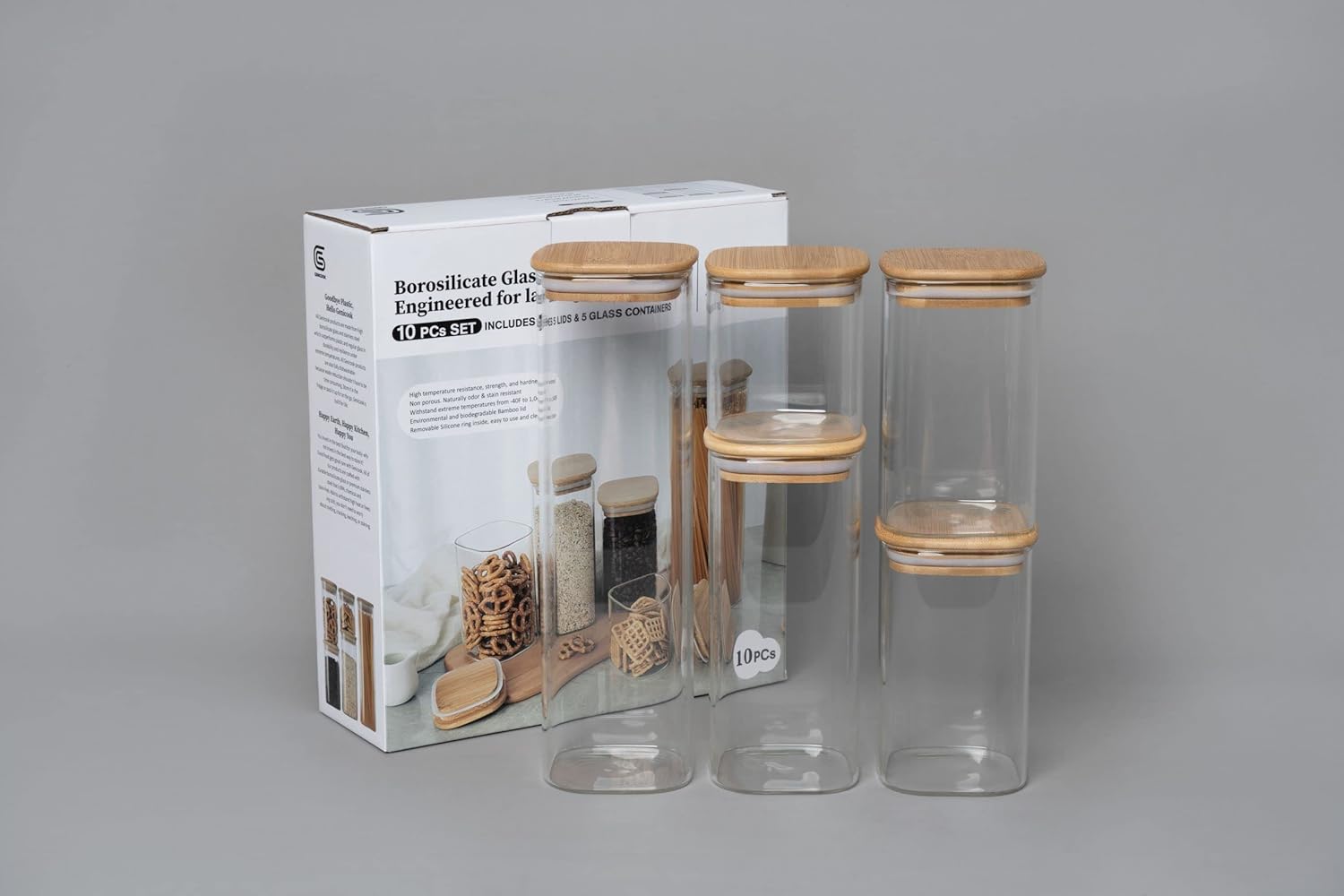 GENICOOK Glass Food Storage Jars,Spaghetti Pasta Storage Container,Borosilcate Glass Canister Set with Eco-Friendly Bamboo Lids for Noodles Flour Cereal Coffee Beans - 10 pc set