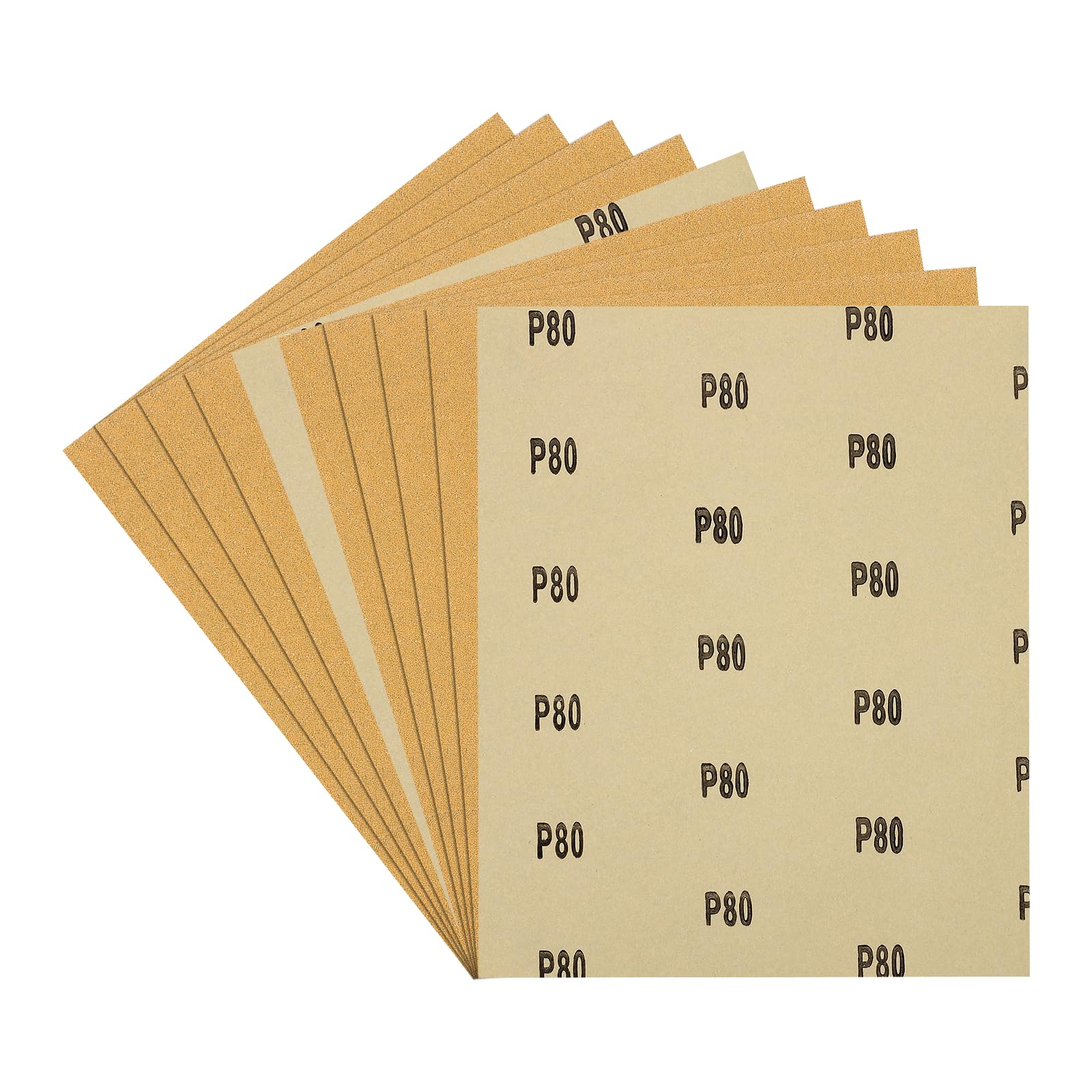 Kozelo 10pcs Sand Papers - [229 x 279mm x 80 Grits] Sandpaper Sheets for Metal Auto Wood Polishing and Scratches Removing, Alumina Abrasive Gold