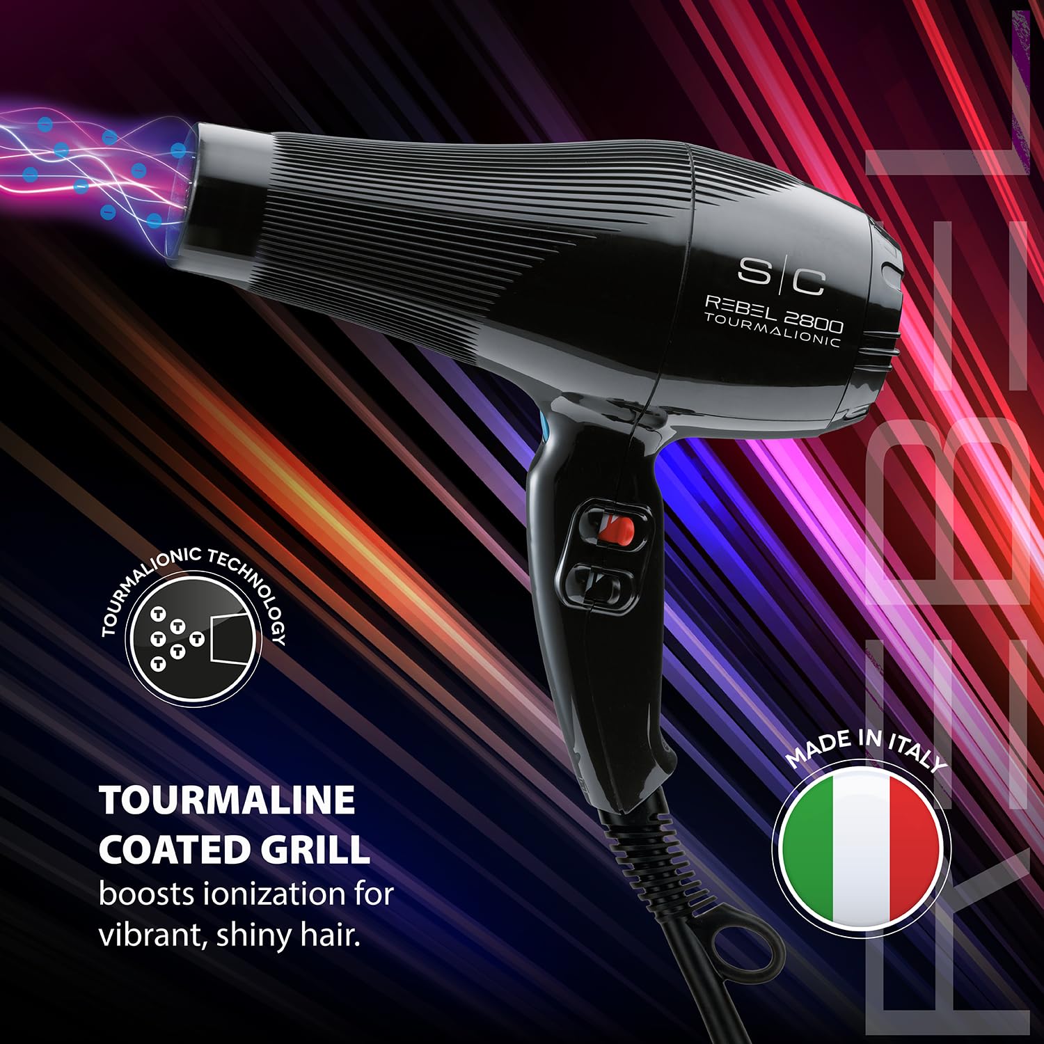 Ionen-Haartrockner Professionell Stylecraft Rebel 2800 | 2800W Haartrockner mit Tourmalionic-Technologie | Diffusor und Konzentrator Inklusive | Rutschfest | Made in Italy