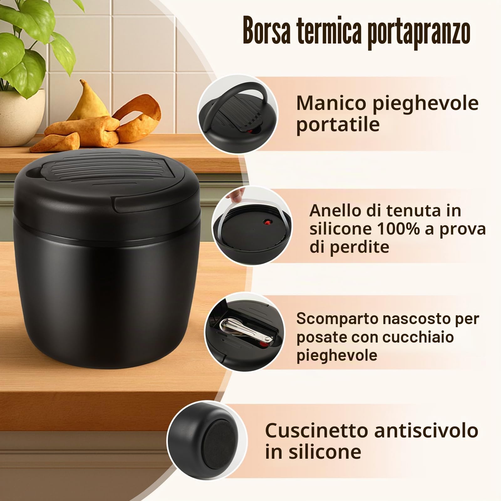 Termos per Alimenti 1200 ml, Contenitore Termico per Alimenti Caldi, Portapranzo Termico Acciaio Inossidabile con Sacchetto Isolante e Cucchiaio, Portavivande per Zuppa, Pasta (Nero)