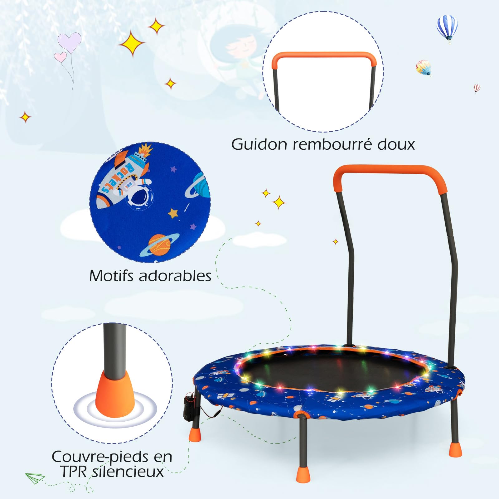 COSTWAY Trampoline Enfant Ø92CM avec 21 Lumières LED & Poignée Amovible, Mini Trampoline Exterieur Enfant avec Motif d'Astronaute & Tapis Antidérapant pour Enfant de 3-6 Ans