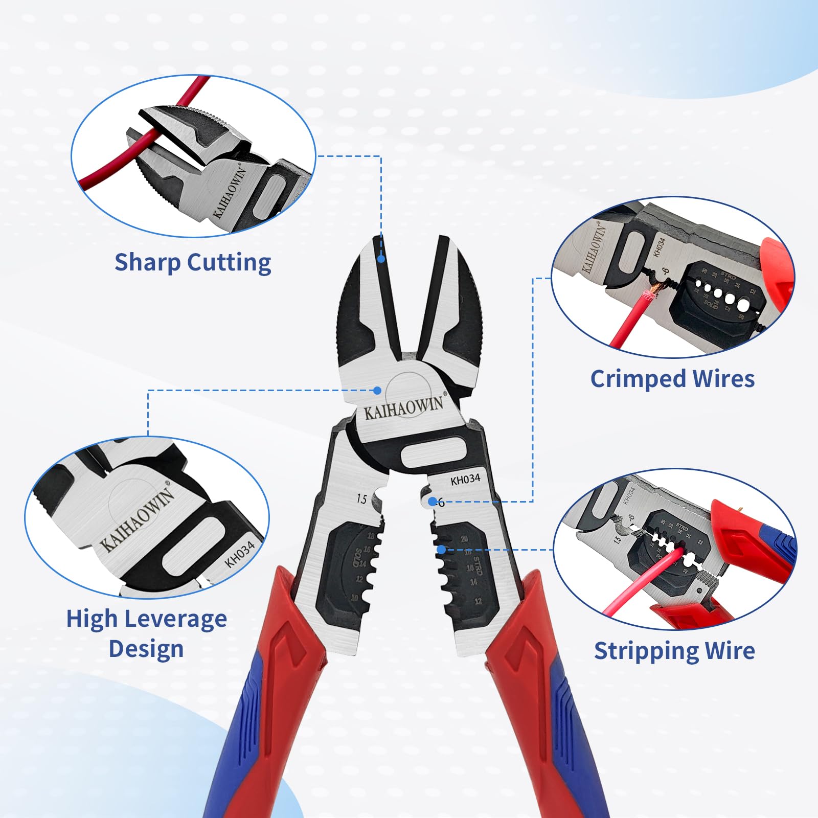 KAIHAOWIN 3-in-1 Side Cutters Pliers – Wire Cutter, Stripper & Crimper, High Carbon Steel, Ergonomic Handle, For Electricians & DIY