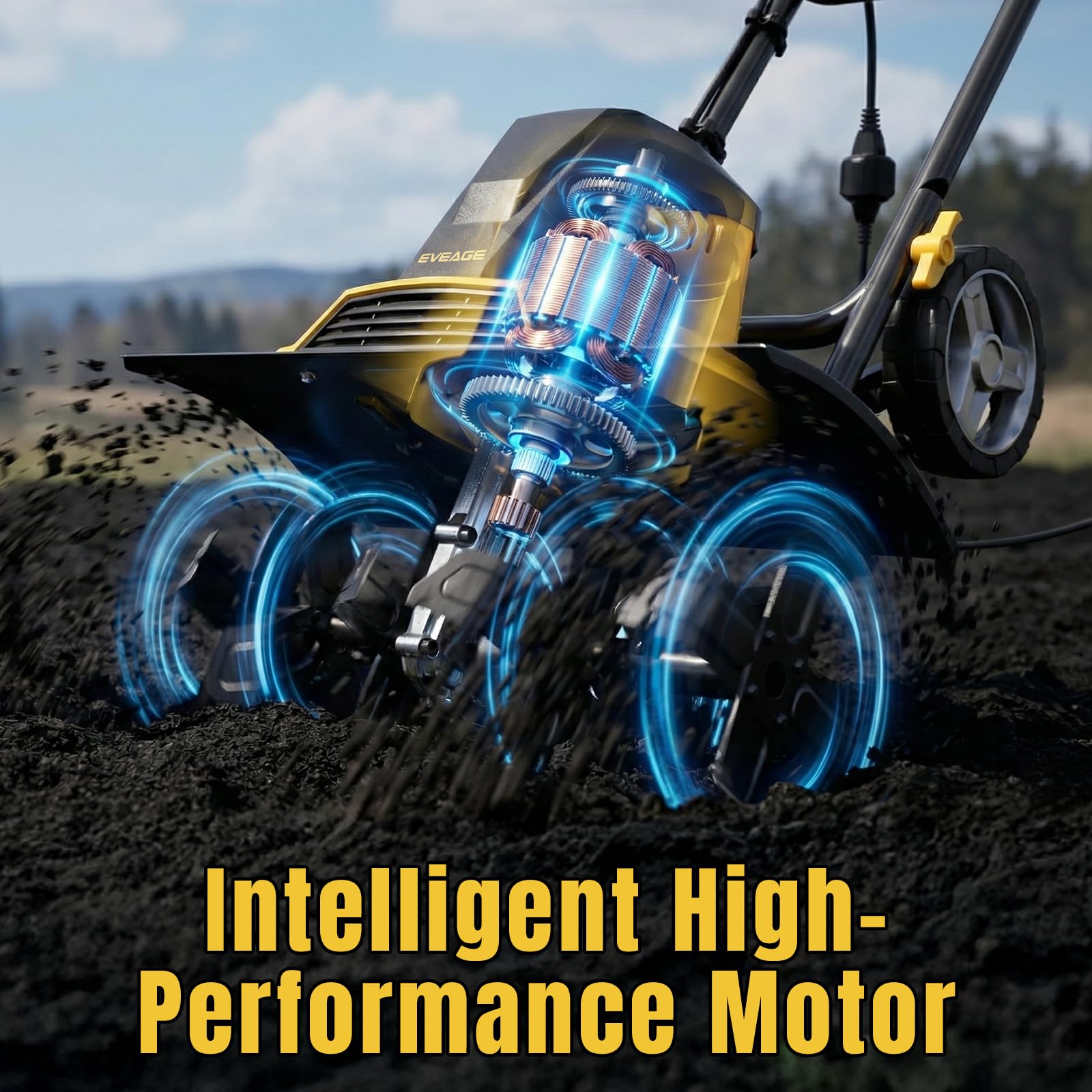 EVEAGE 18-Inch 13.5-AMP Electric Tiller for Gardening, Coarded Rototiller 4'' - 8'' Farm Tilling Depth, Foldable Handle 6x4 Tines with Adjustable Wheels