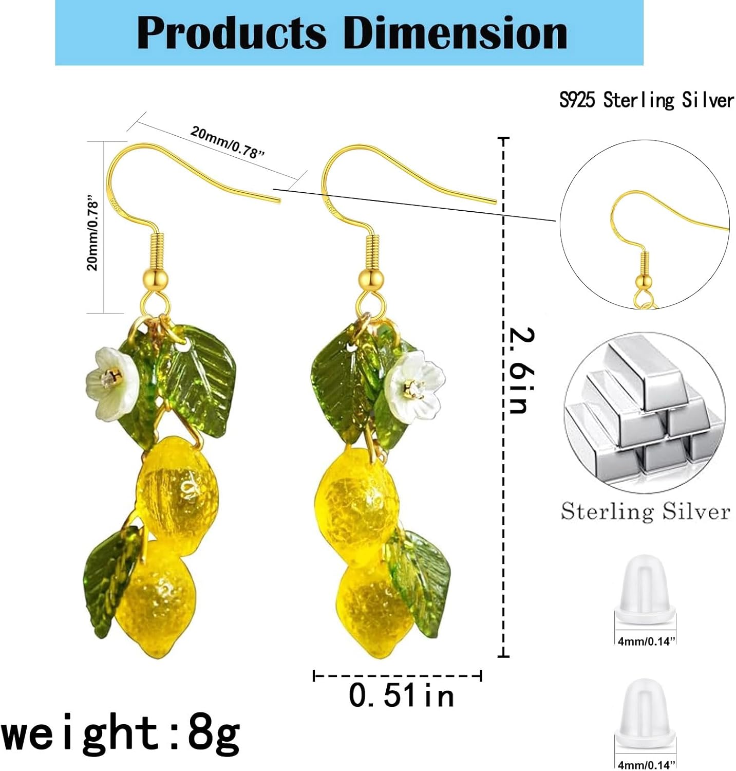 Lemon Fruit Earrings, 925 Sterling Silver Earrings for Women, Simulation Creative Handmade Cute Strawberry Raspberry Dangle Drop Jewelry - Image 4