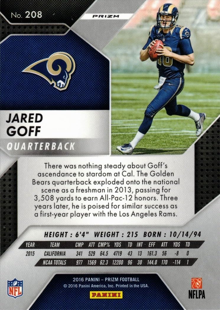 2016 Panini Prizm Silver Prizm Football #208 Jared Goff Rookie Card