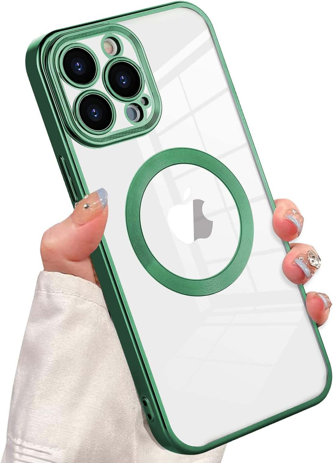 Wlxee Magnetic Clear Case for iPhone 14 Pro Max 6.7 Inch 2022, Electroplated Magnetic Clear Slim Case for Women and Men [Military Drop Protection] Tempered Screen Protector(Green)