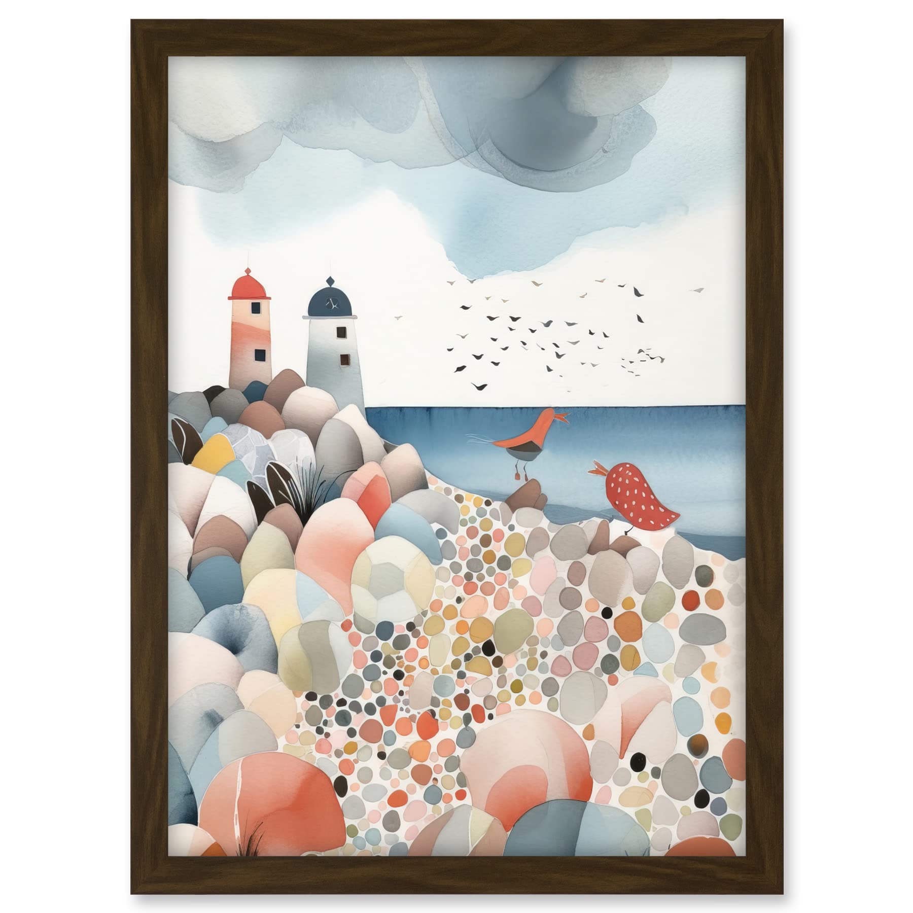 Artery8 Lighthouses On Multicoloured Pebble Beach Watercolour Painting Artwork Framed A3 Wall Art Print