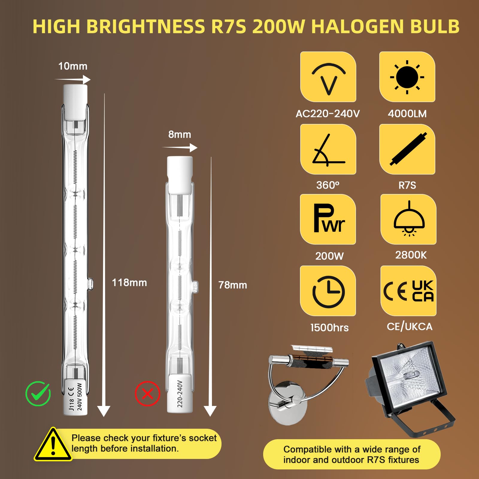 BrightWish Halogen Light Bulbs R7S 118mm 100W Dimmable, Warm White 2800K for Security Outdoor Floodlight - Image 2
