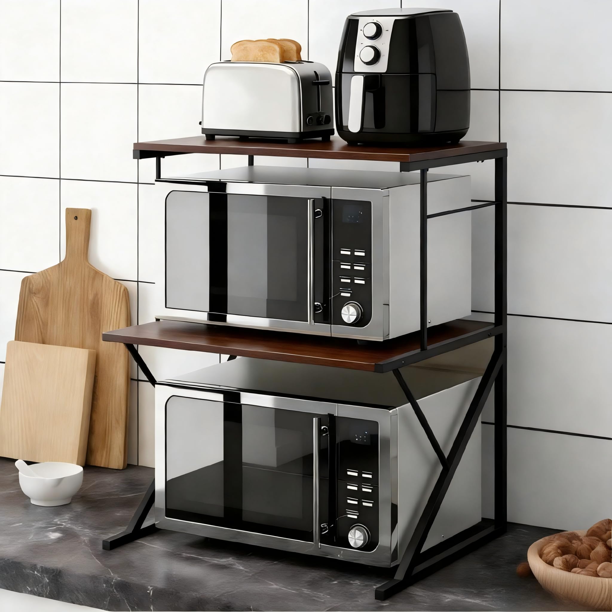QIHANG-UK 3-Tier Microwave Oven Shelf Stand, Standing Baker's Rack, Over Microwave Shelf Unit with 1 Drawer, Kitchen Countertop Organizer, Kitchen Storage Shelf with Wood Top Metal Frame (Dark Oak)