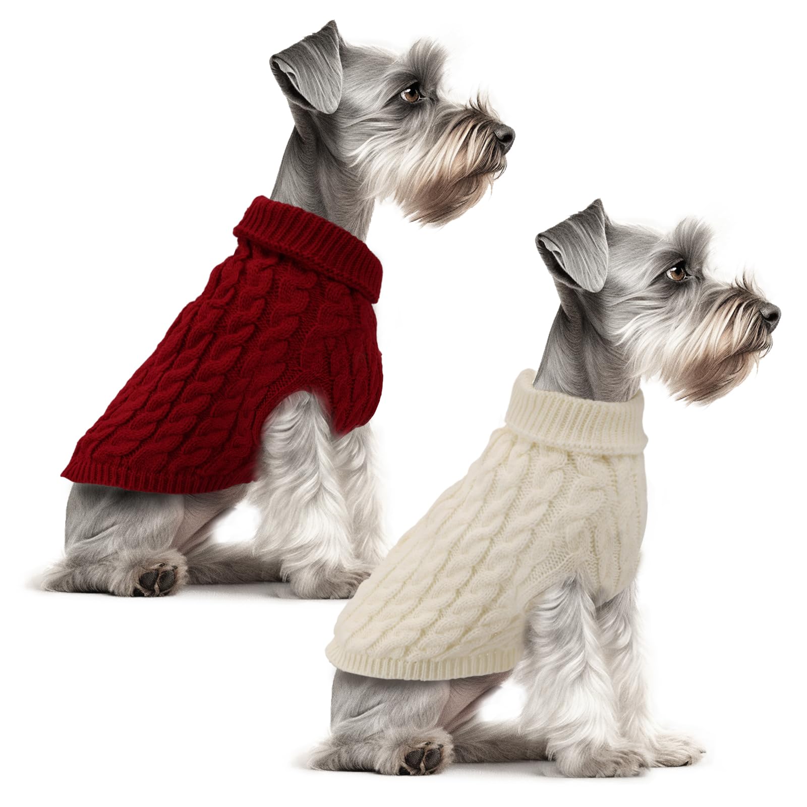 Fiohiros 2 Pack Dog Jumpers Knitted Turtleneck, Warm Winter Dachshund Jumper Cute, Apparel Puppy Twist Striped Vest Dog Clothes for Dogs Cats (Red+White, L)