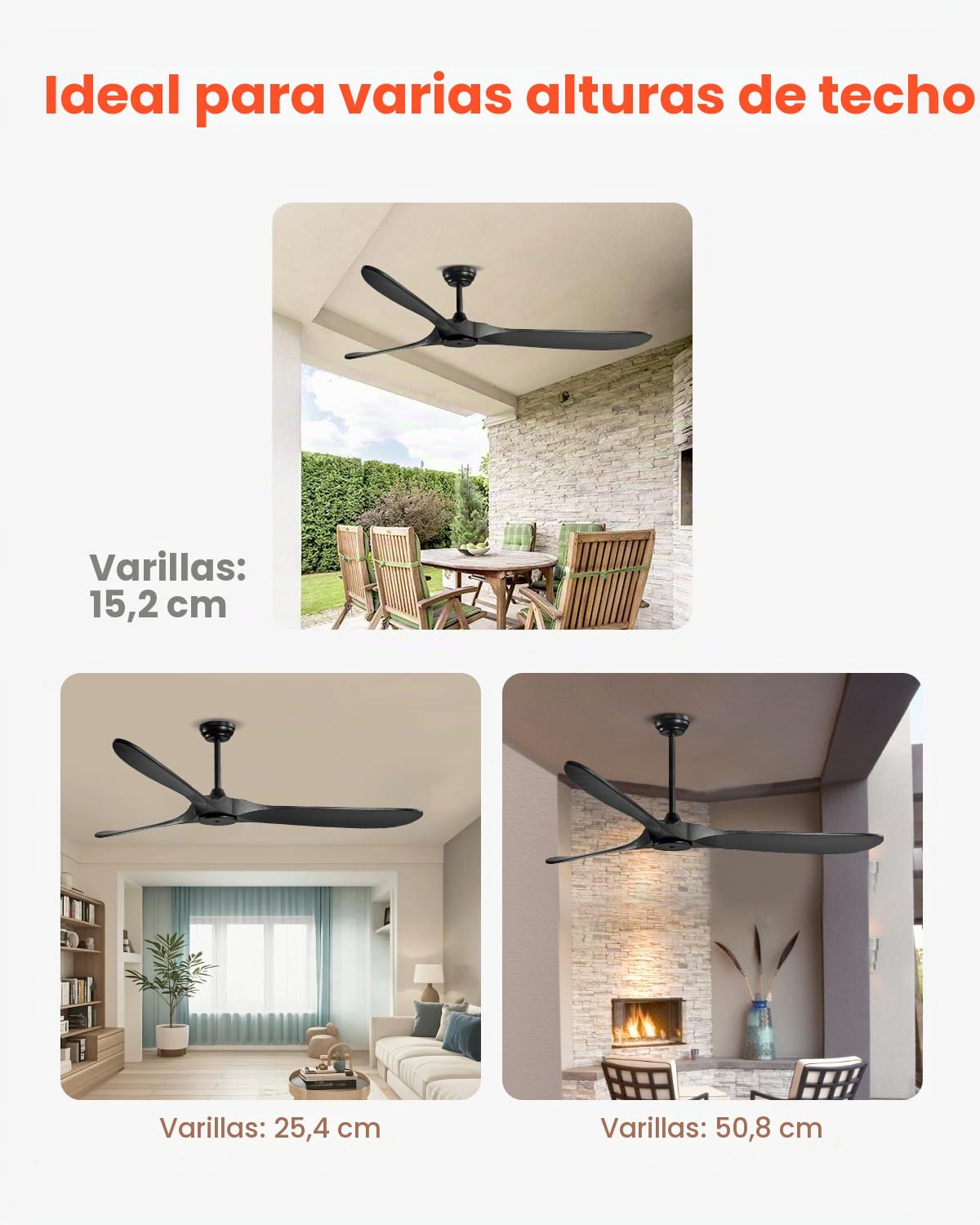 VEVOR Ventilador Moderno de Techo Sin Luz 180 cm con Mando a Distancia 6 Velocidades, 3 Aspas de Madera, Motor DC Reversible, para Dormitorio, Salón, Interior, Exterior, Negro, Φ 1800 x 662,8 mm