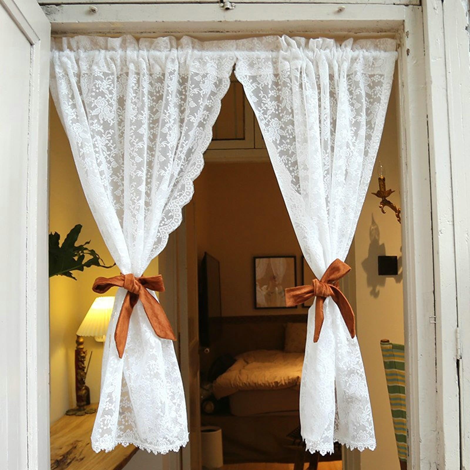 KnSam Rideau Voilage Porte Coton à Passant 280x100cm, Rideau Fenetre Chambre Dentelle Petite Rose Bordure Festonné Blanc Style Américain 1pcs