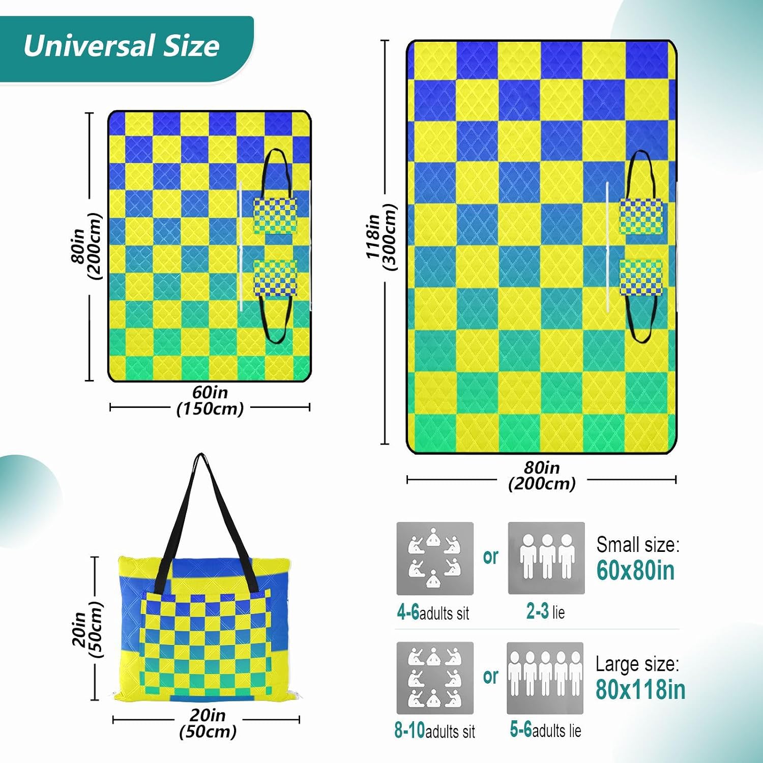 Buffalo Plaid Check Yellow Blue Green Gradient Waterproof Picnic Basket Set XXL Park Picnic Accessories Outdoor for Outdoorsy Women Couples Gift Manta para Playa