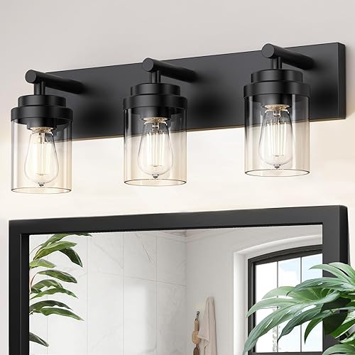 Lámpara de tocador de baño con pantalla de vidrio transparente, 3 luces negras mate sobre espejo, accesorios de iluminación modernos para baño, sala
