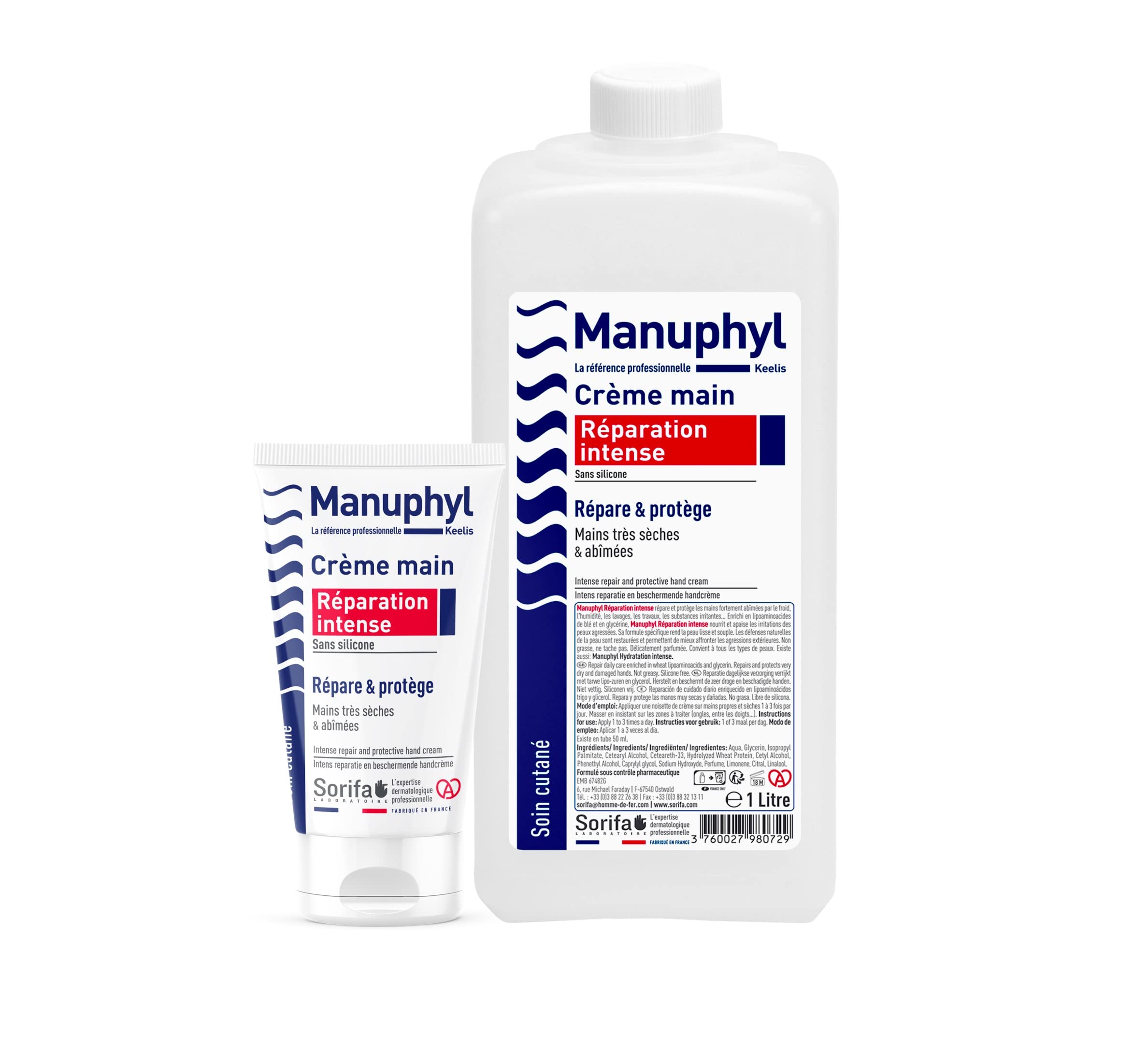 Zestaw 6 Manuphyl Intensywna naprawa Krem do rąk - Naprawia i chroni - Bardzo suche i zniszczone dłonie - Niskotłuszczowy, lekko pachnący, wzbogacony o glicerynę i białko pszenicy - Tuba 50 ml