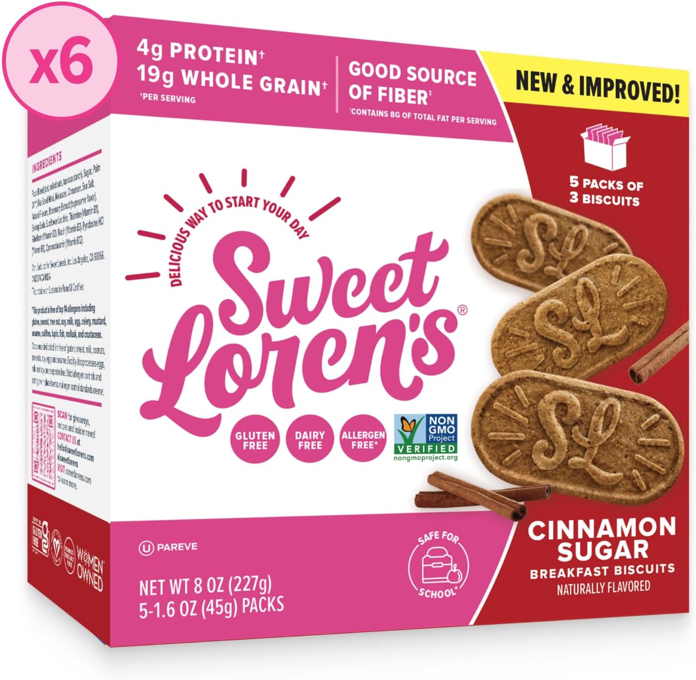 Sweet Loren's Vegan Breakfast Biscuits | Cinnamon Sugar | 4g Protein, 19g Whole Grains | Plant Based, Gluten Free, Dairy Free, Nut Free Snacks | 6 Pack (30 Total Biscuits, 1.6 ounce each)