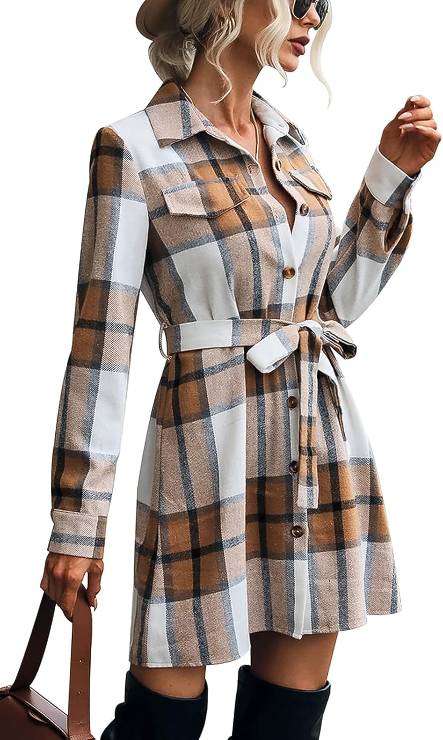 FEOYA Women’s Flannel Plaid Dress Button Down Lapel Shirt Dress for Winter Fall Spring