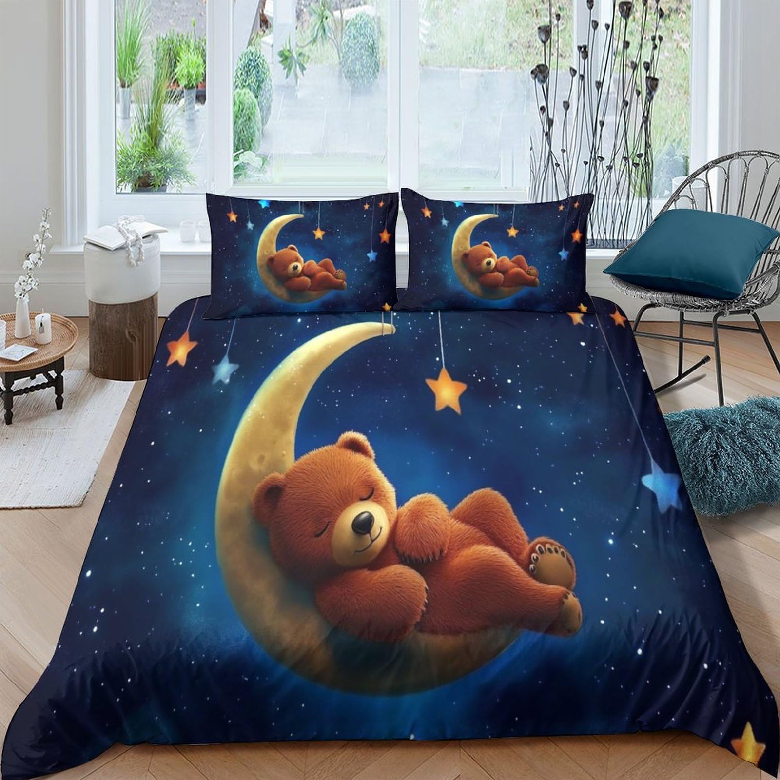 RIAVBAODG Bear Hanging on The Moon. Sleeping 3D Printed Duvet Cover Set Bedroom Dorm Decor Bedding Set Soft Lightweight For Child Teens Youth Man with Pillowcase Double（200x200cm）
