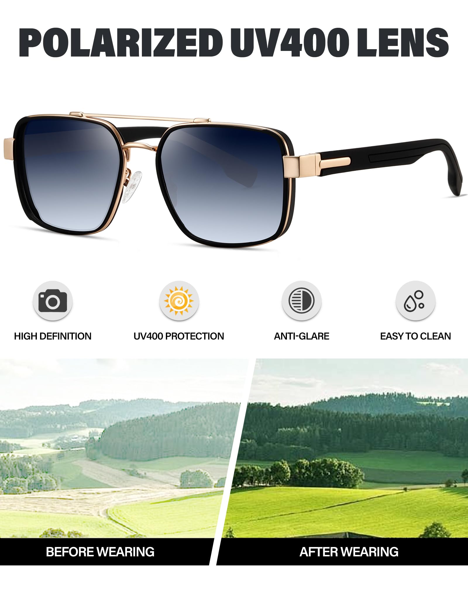 Joopin Lunettes de Soleil Polarisées Rétro Carrées pour Hommes et Femmes, Protection UV400, Double Pont, Idéales pour Voyage et Conduite