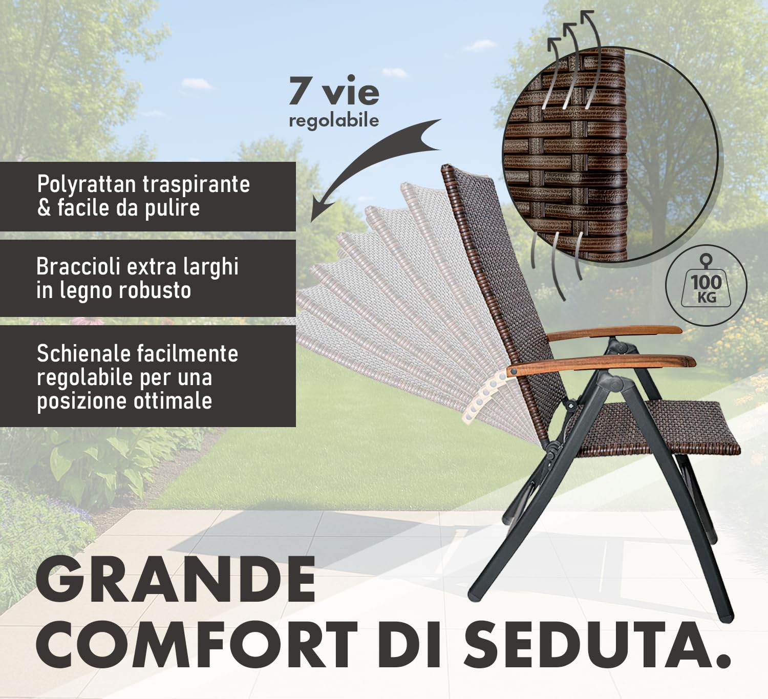 Brubaker Modena Sedia da Giardino in Poli Rattan - Sedie con Schienale Alto Pieghevole - Schienale Regolabile in 7 Posizioni - Metallo - Resistente alle Intemperie - Marrone/Grigio