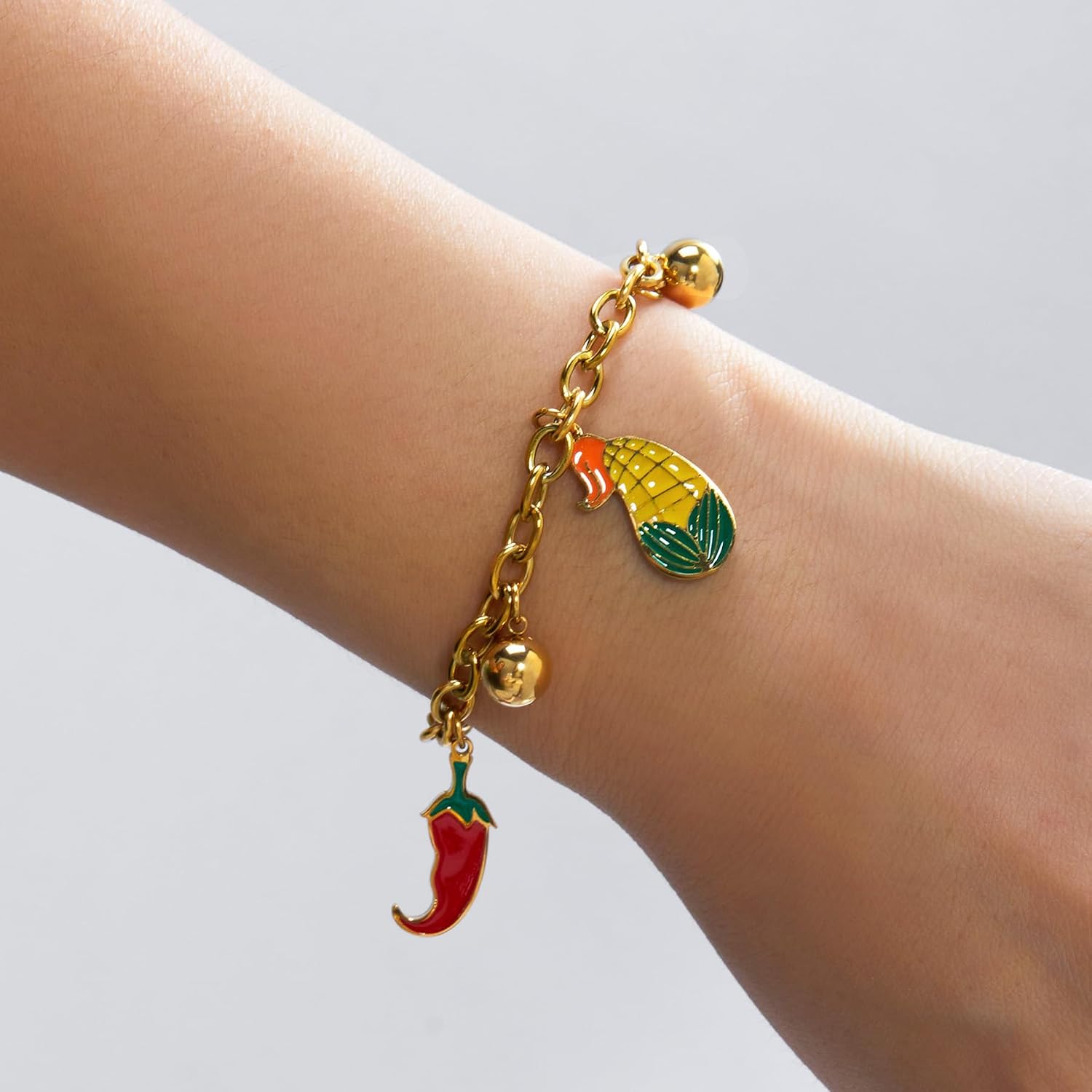 Cute Fruit Vegetable Bracelet for Women 18K Gold Plated Stainless Steel Charm Chain Y2K Chunky Enamel Fruit Vegetable Waterproof Jewelry for Summer Beach Jewelry