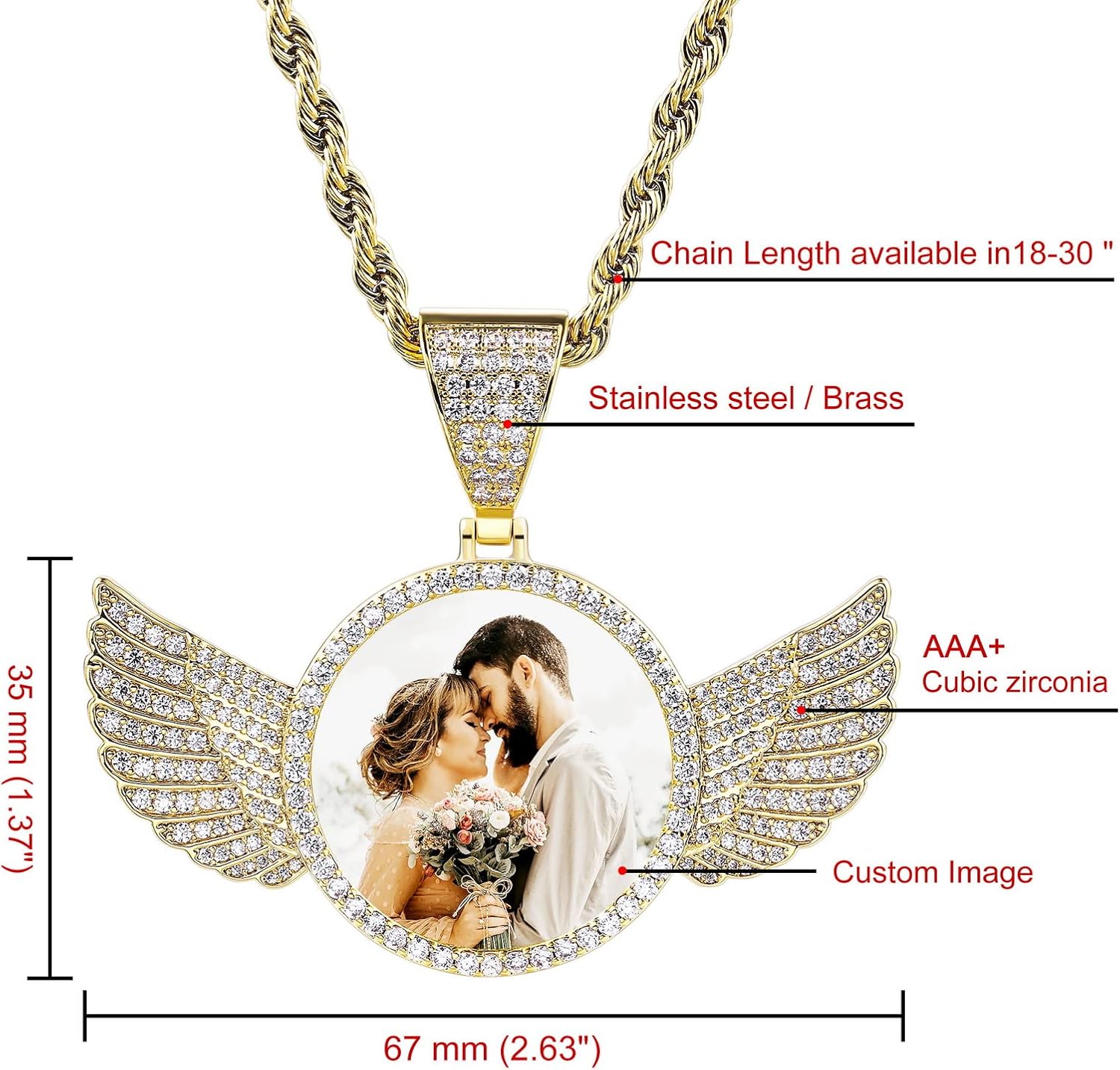 INBLUE Personalized Hip Hop Memory Photo Necklace Pendant Custom Engraved Text for Men Women Copper Iced Out Angel Wing Round & Heart Charm Medal Rope Chain Jewelry Gift