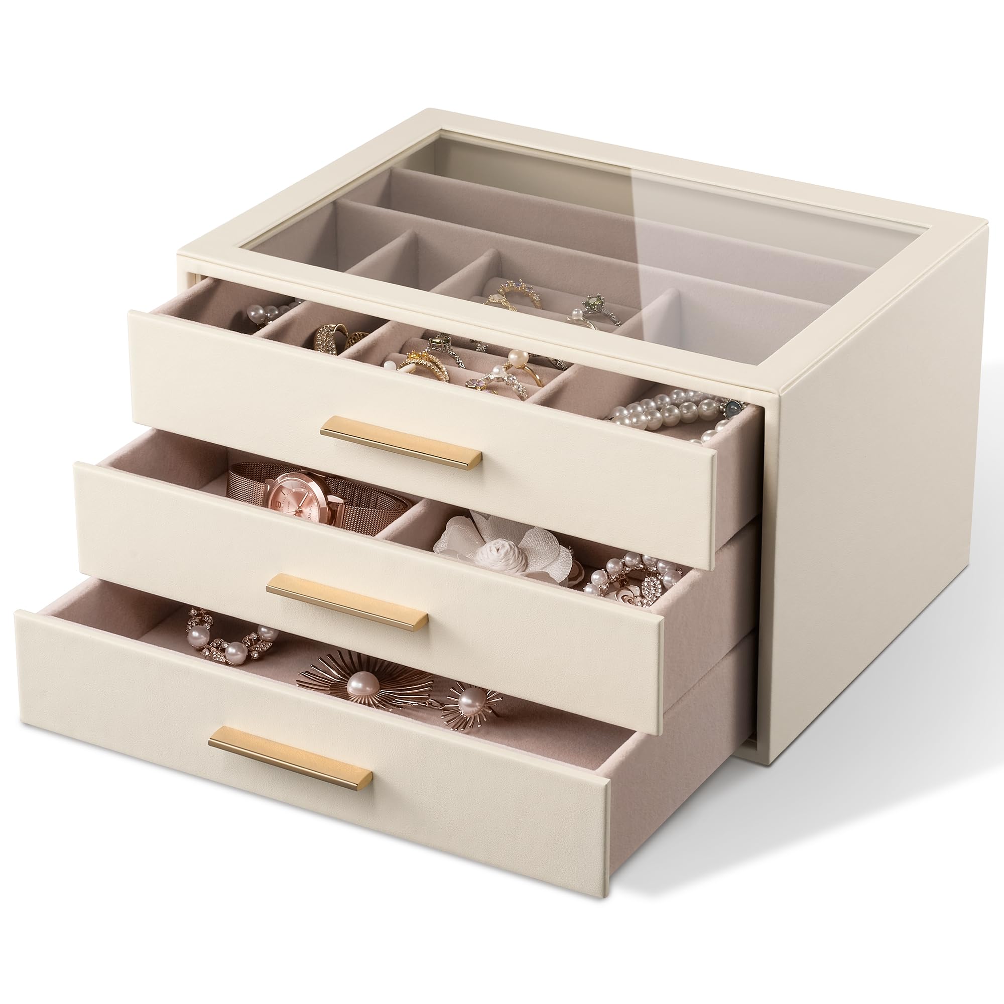 pickpiff Schmuckkästchen-Organizer: 3-stöckiges Schmuckkästchen mit Glasfenster, elfenbeinfarbenes Leder mit rosa Samt, Halterungen für Ringe, Halsketten, Armbänder und Uhren, tolles Geschenk für sie