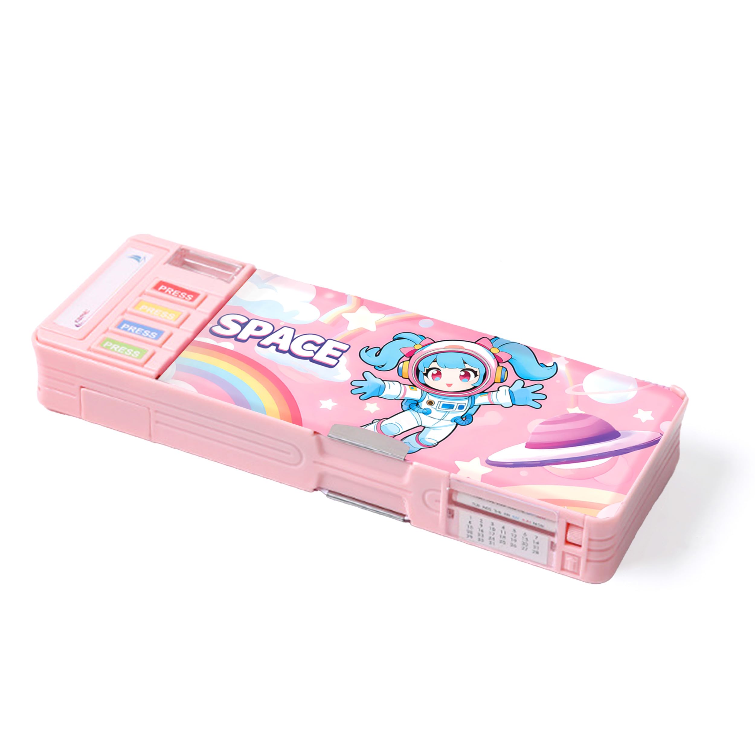 Pop Up Multifunction Pencil Case with Pencil and Eraser, Cute Cartoon Pen Box Organizer Stationery, Sharpener, Schedule, Best Birthday Gifts for Kids Teens(Pink astronaut)