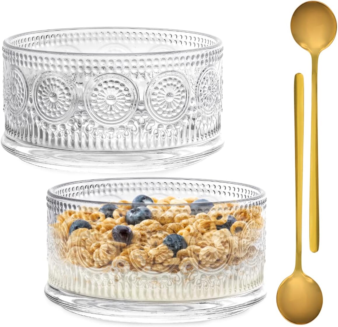 Glass Dessert Bowls, Serving Bowl with Gold Spoon Trifle Bowl Ice Cream Bowls For Dessert, Ice Cream, Cereal, Nuts, Pudding (Sunflower-Set of 2, 15.5oz)